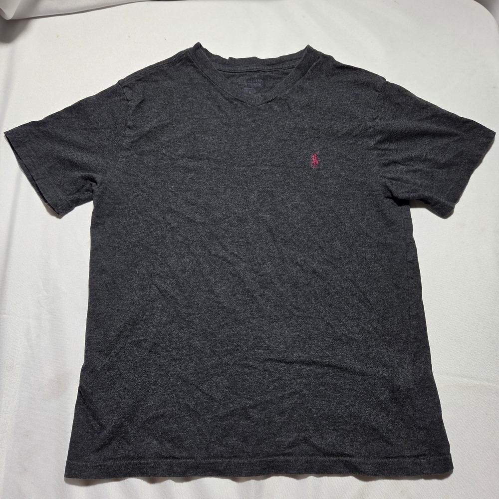 Polo Ralph Lauren Mens Gray V-Neck T-Shirt Pink Pony Logo Small Short Sleeve